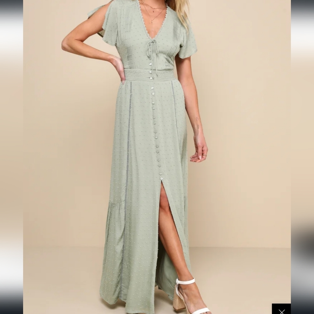 Lulus sage green Swiss dot maxi dress